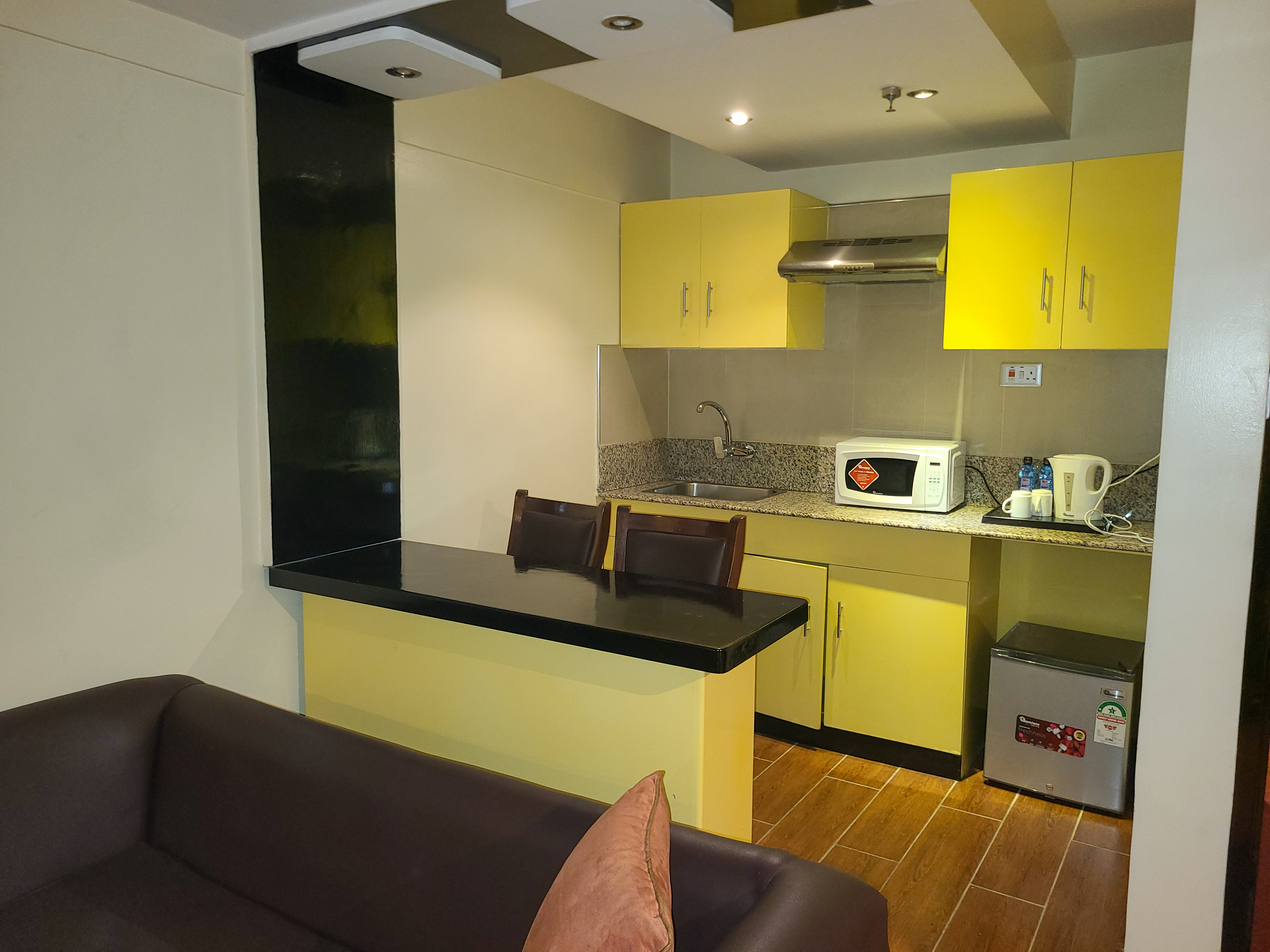 Detailed view of the room's kitchenette